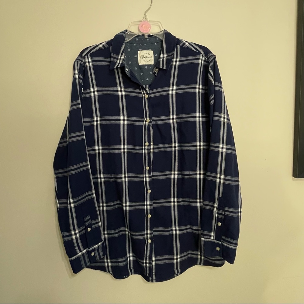JACHS Girlfriend‎ Navy and White Plaid Button Down Shirt Sz Large Comfy & Casual